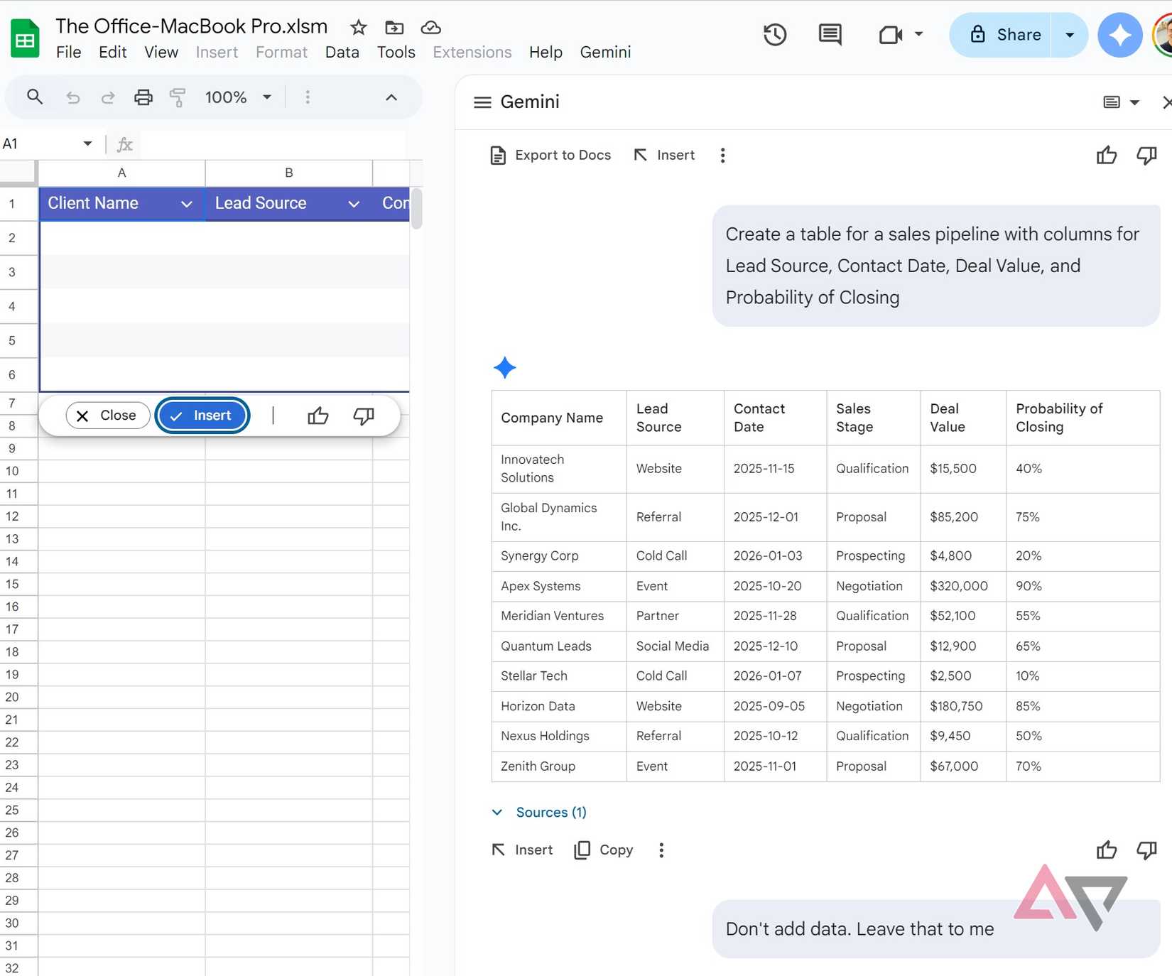 Gemini criando tabelas no Planilhas