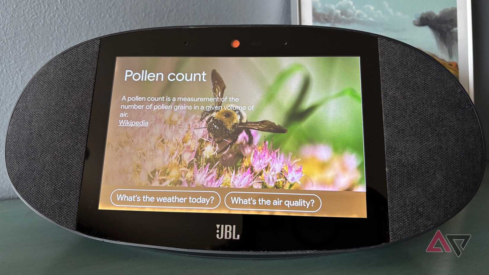 Um alto-falante JBL Google Home exibindo a foto de uma abelha com as palavras Contagem de pólen sobrepostas.
