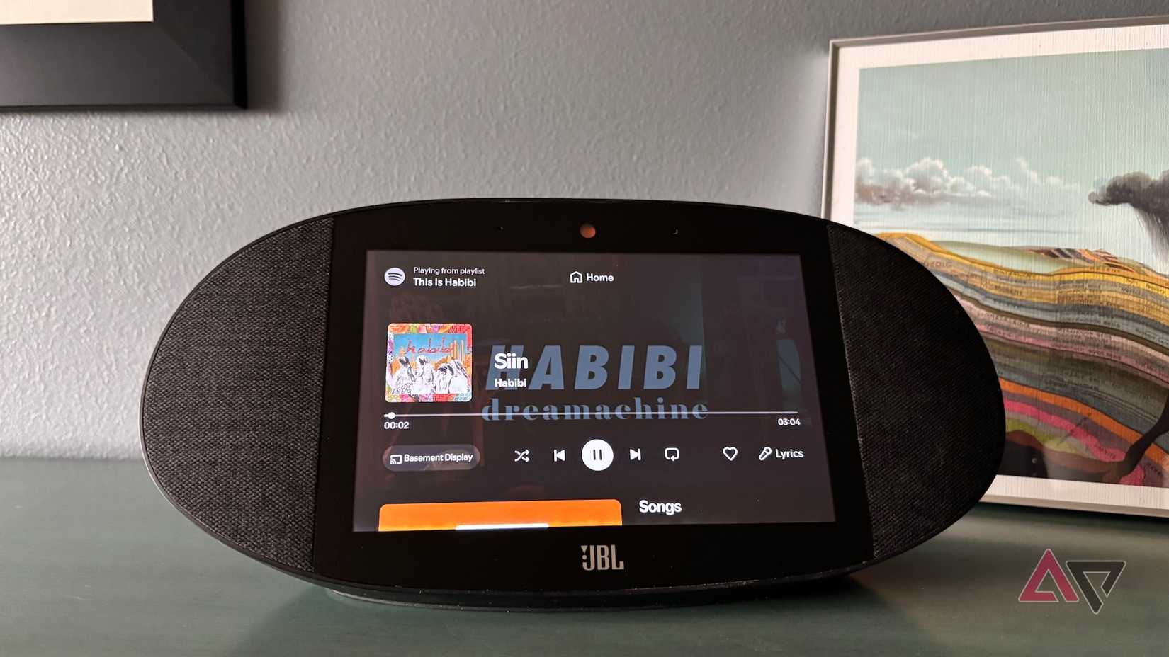A Google Home JBL speaker playing "Siin" by Habibi on Spotify
