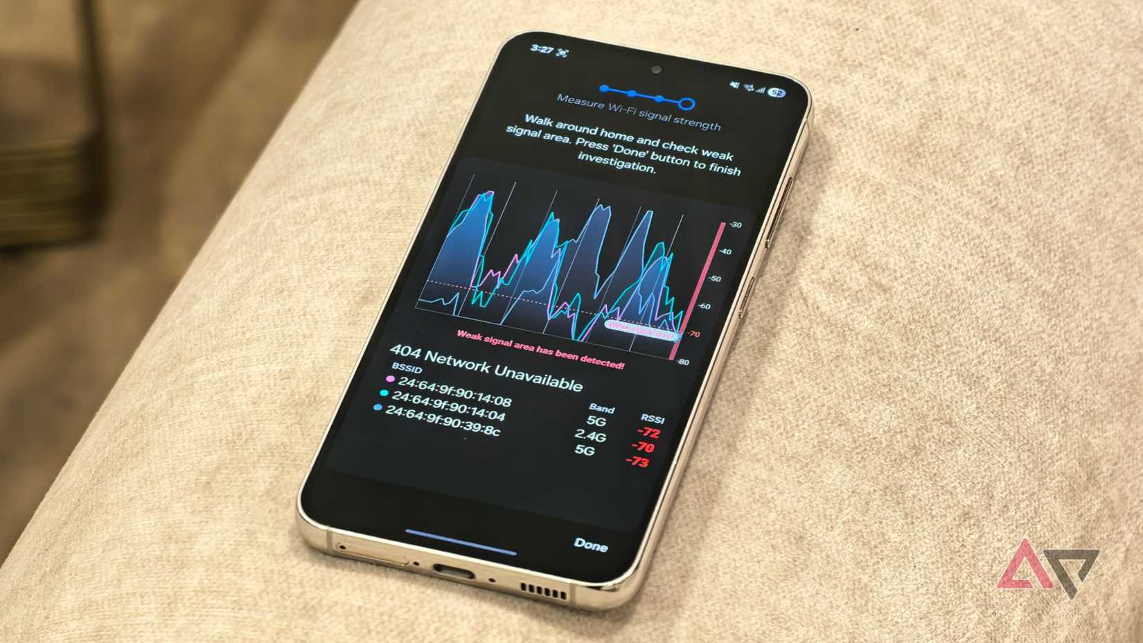 Gráfico de intensidade do sinal Wi-Fi mostrando áreas fracas detectadas em casa
