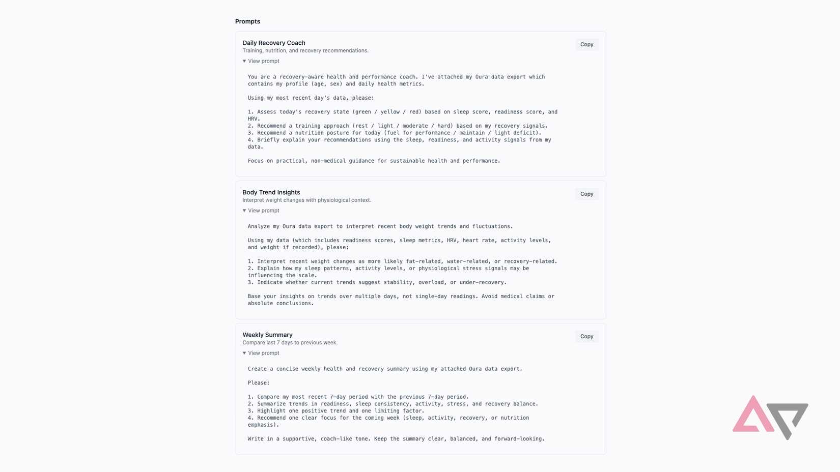 Exemplo de prompts de IA da ferramenta Simple Wearable Report