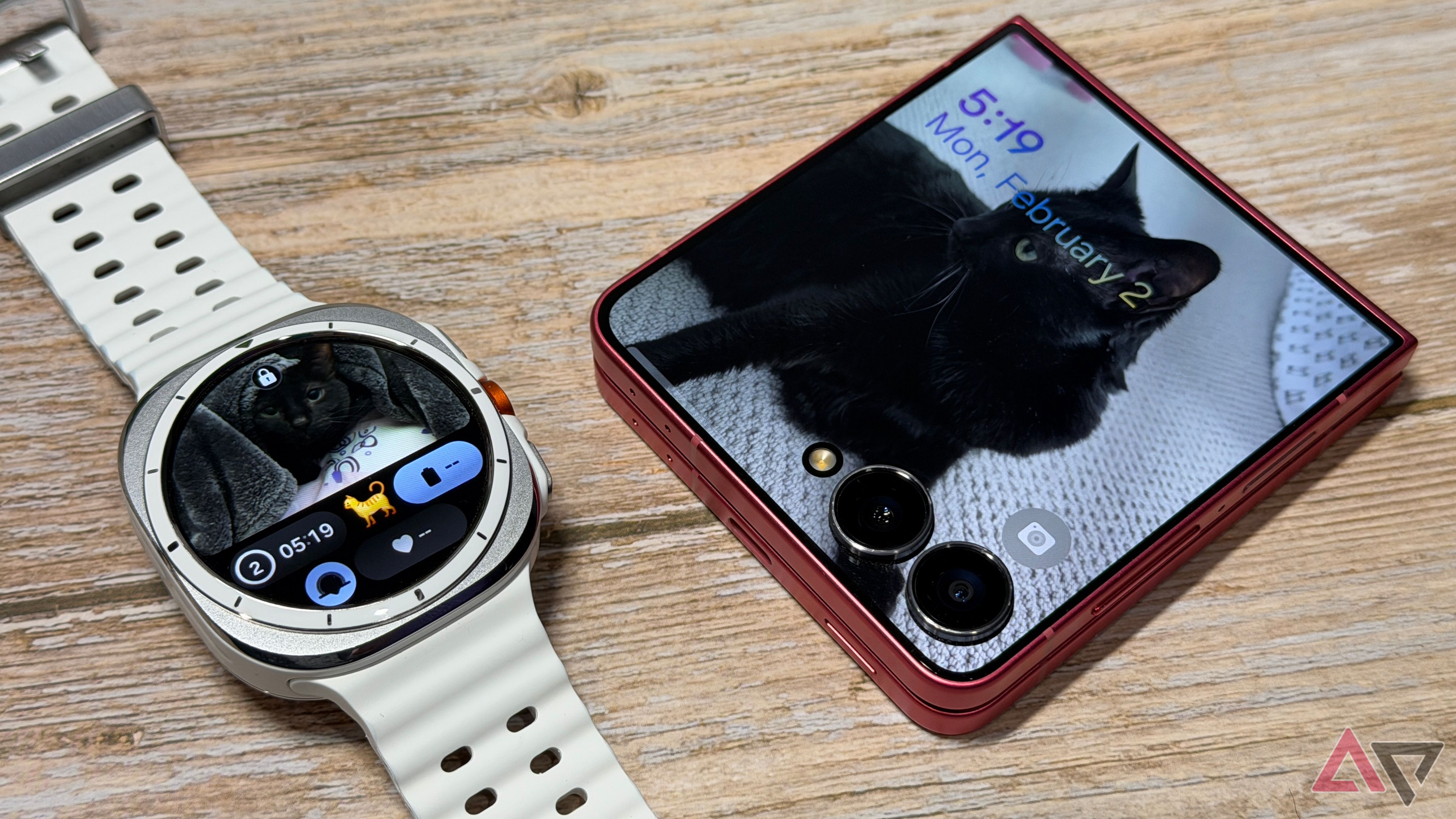 Samsung Galaxy Z Flip 7 sitting with a Galaxy Watch Ultra