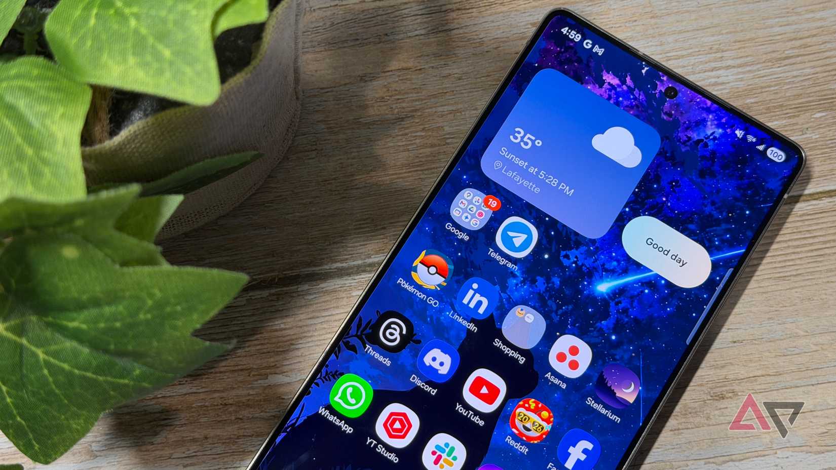 Samsung Galaxy S25 Ultra sentado ao lado de uma planta verde