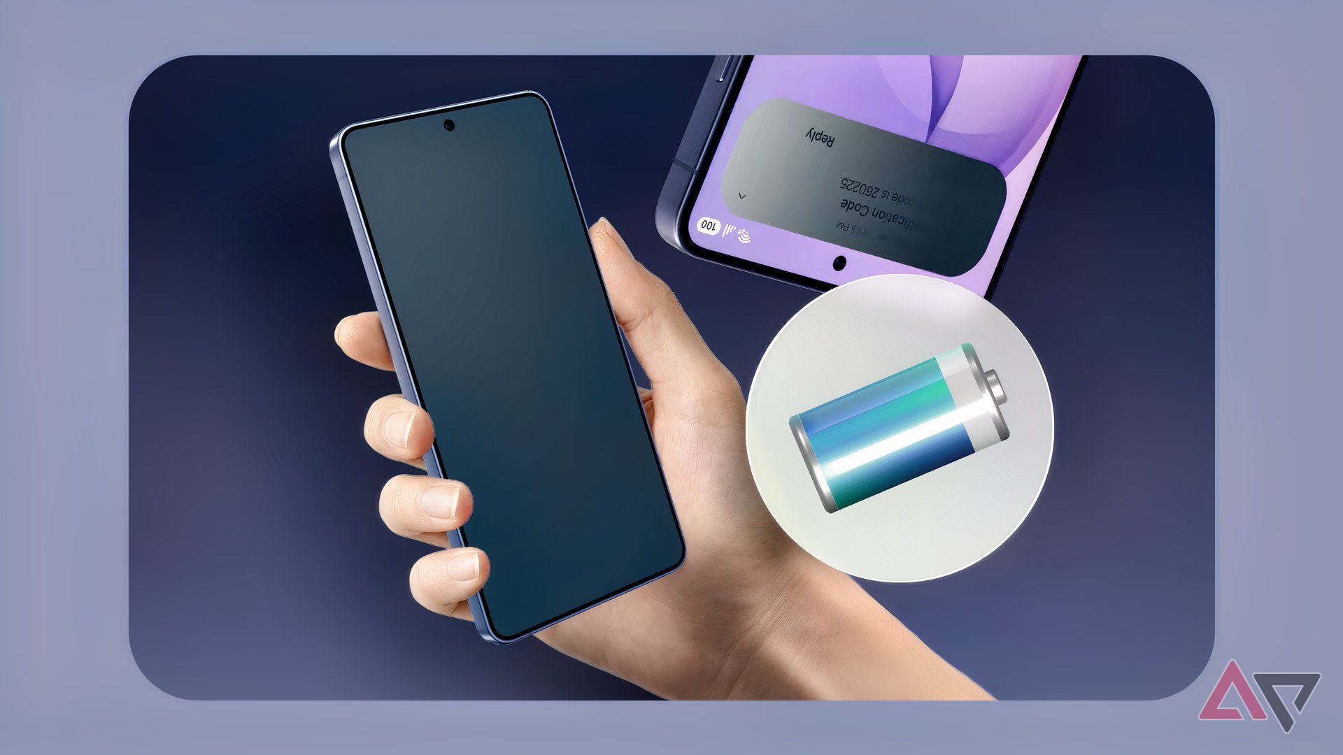 A hand holding a Galaxy S26 Ultra with a dark screen, featuring a 3D battery icon floating beside it.
