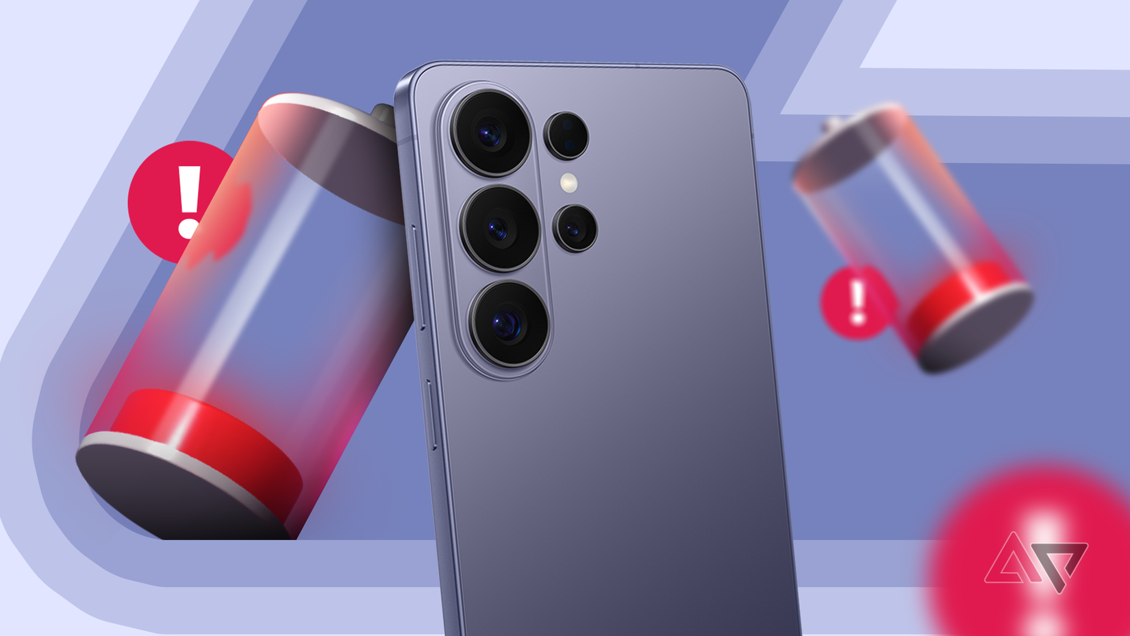 Um Samsung Galaxy S26 cercado por ícones flutuantes de bateria fraca em 3D e avisos de alerta vermelhos.