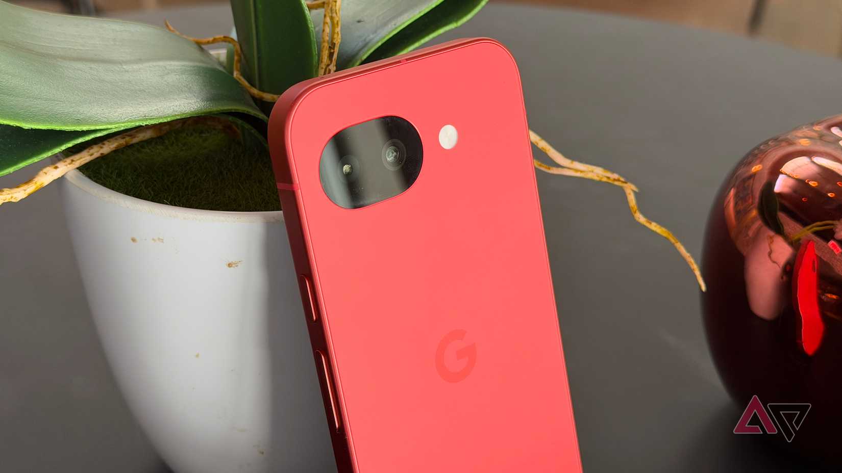 Google Pixel 10a encostado em uma planta
