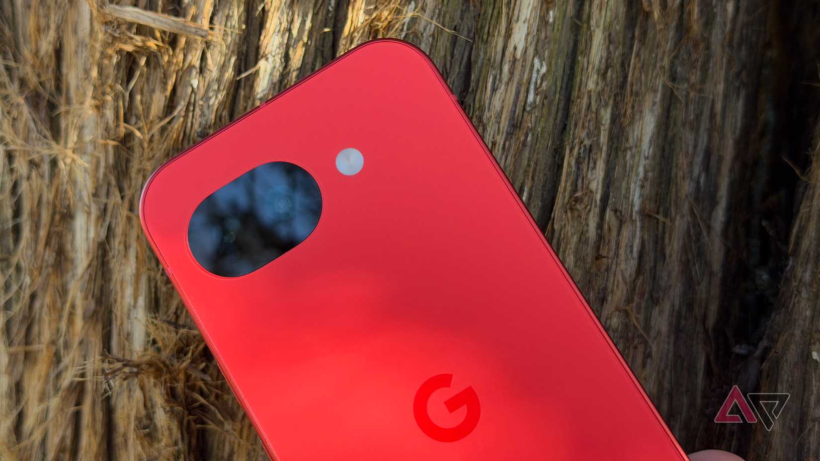Google Pixel 10a em Berry encostado em uma árvore marrom
