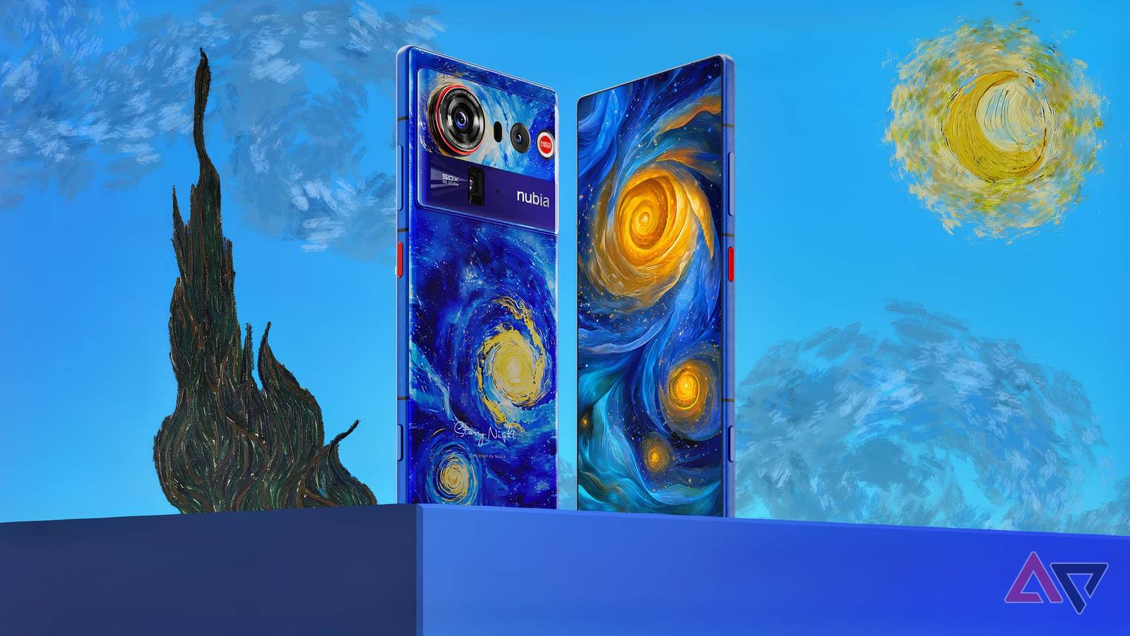 Nubia Z80 Ultra Starry Night edition smartphones featuring Van Gogh-inspired art on both the rear and screen.