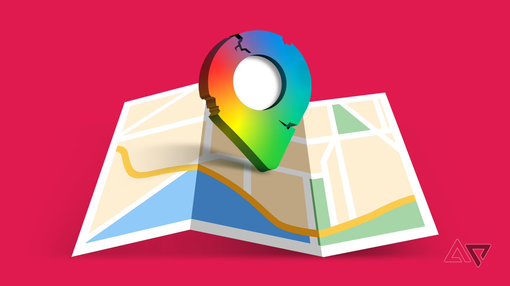 A cracked Google Maps logo on top of a folded map