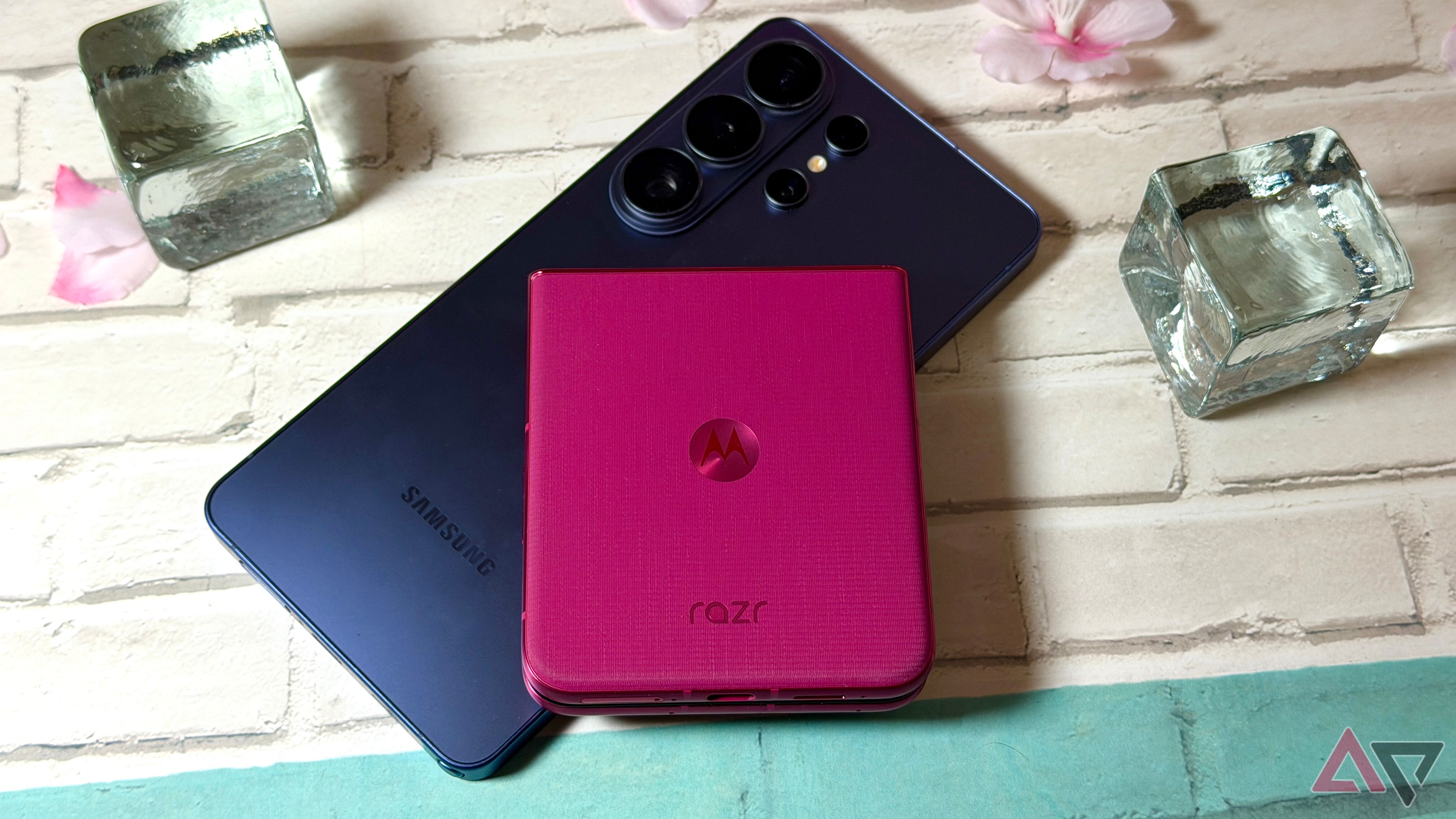 Samsung Galaxy S26 Ultra underneath a Motorola Razr Ultra