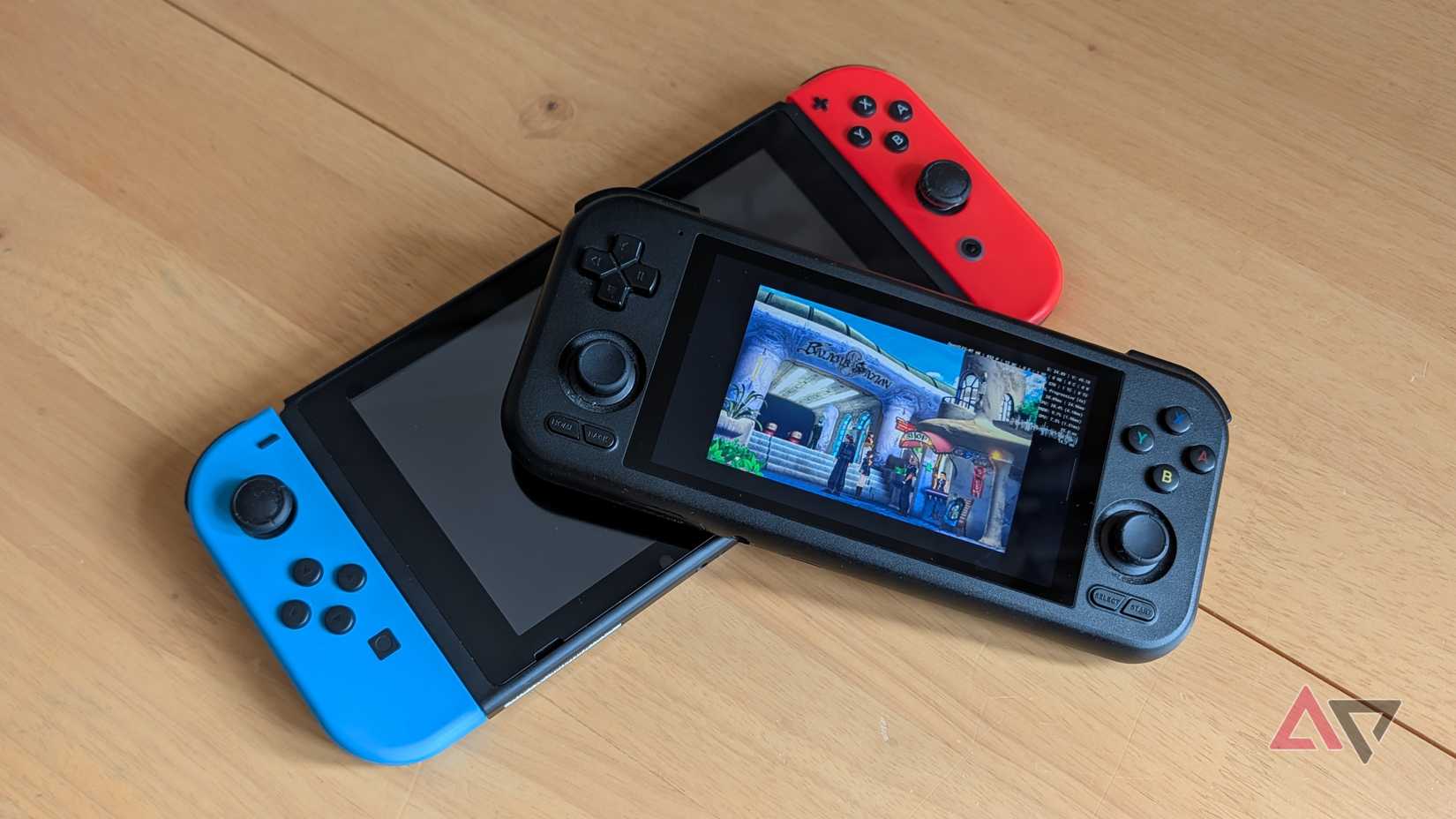 The Retroid Pocket 4 Pro angled on a Nintendo Switch.