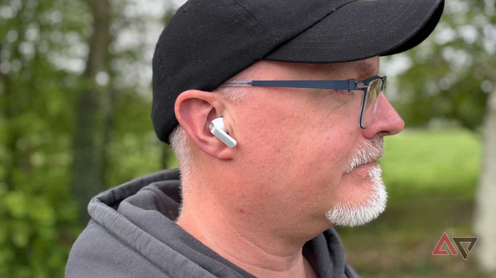 A person wearing the Samsung Galaxy Buds 4 Pro