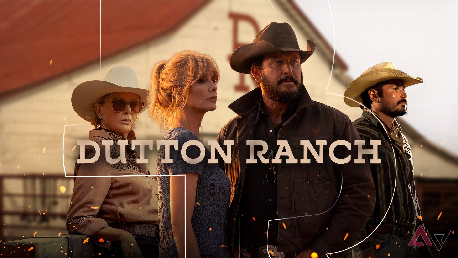 A collage featuring characters from Dutton Ranch standing in front of a barn, and flying sparks in the foreground.