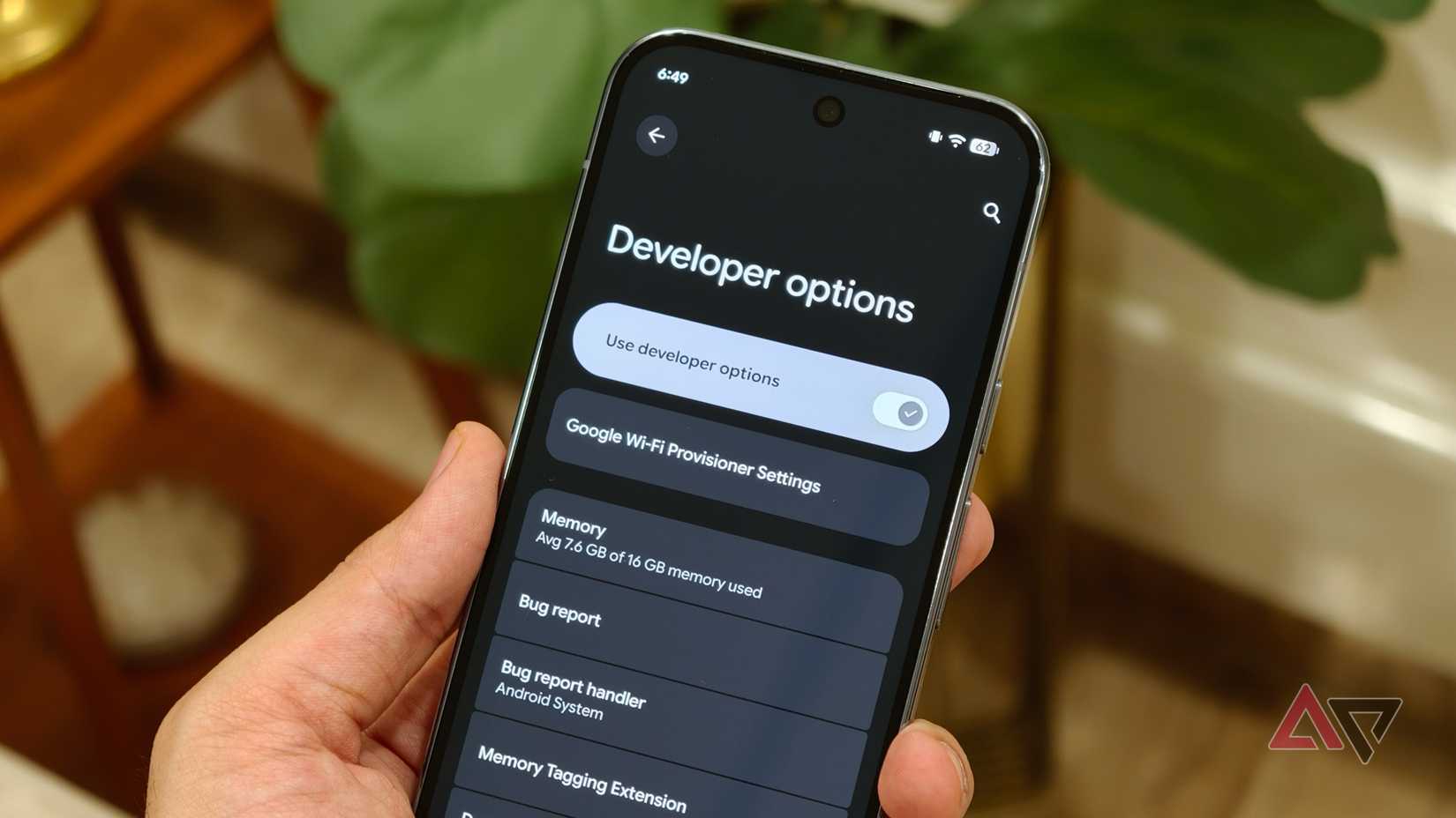 Android Developer options screen with memory section and debugging tools visible