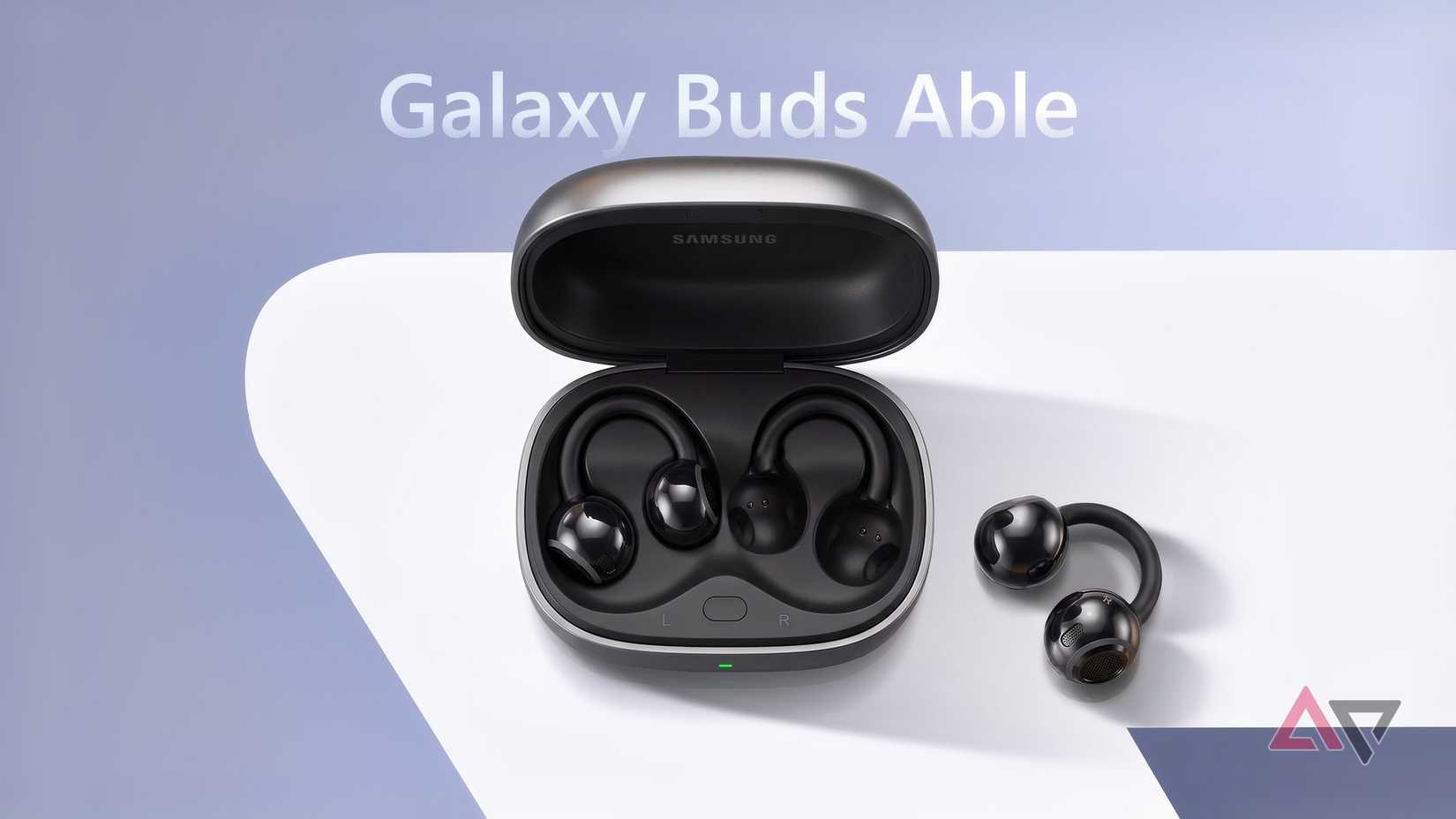 Fones de ouvido abertos tipo clipe Galaxy Buds Able e seu estojo de carregamento.
