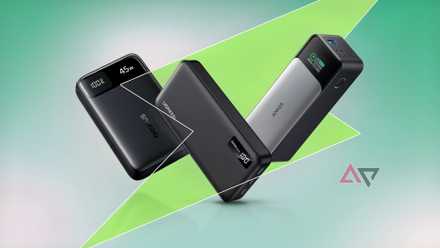 Three portable power banks floating on a green background.