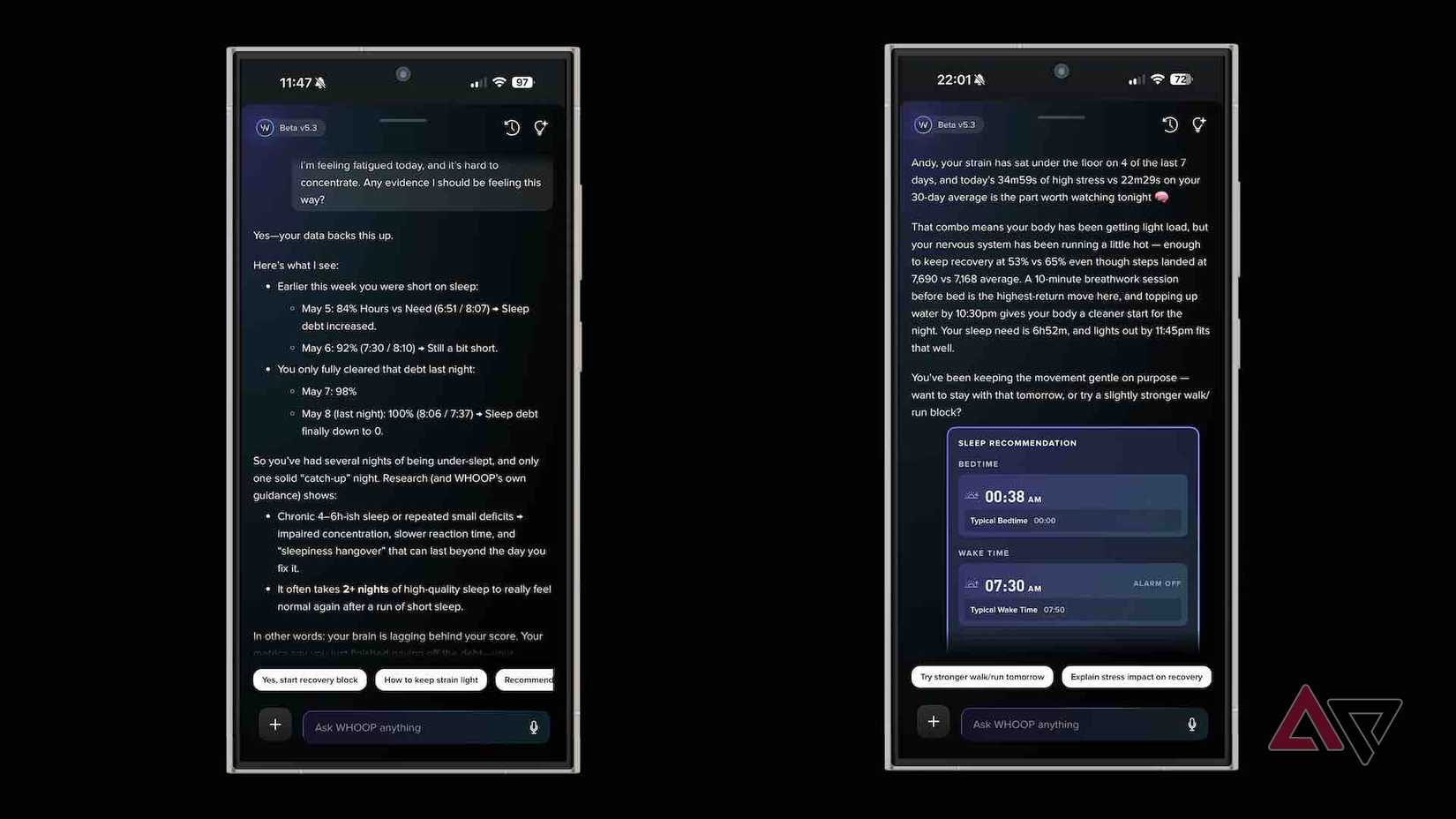 Screenshots of the Whoop app