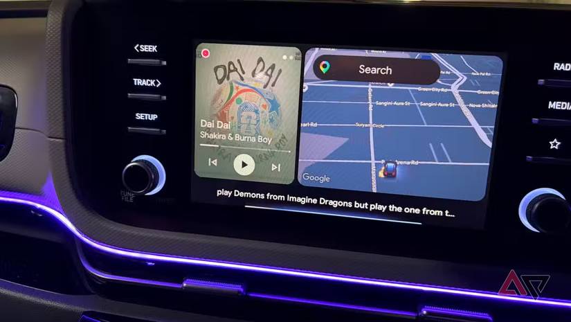 A car infotainment system showing YouTube Music being used with Gemini in Android Auto