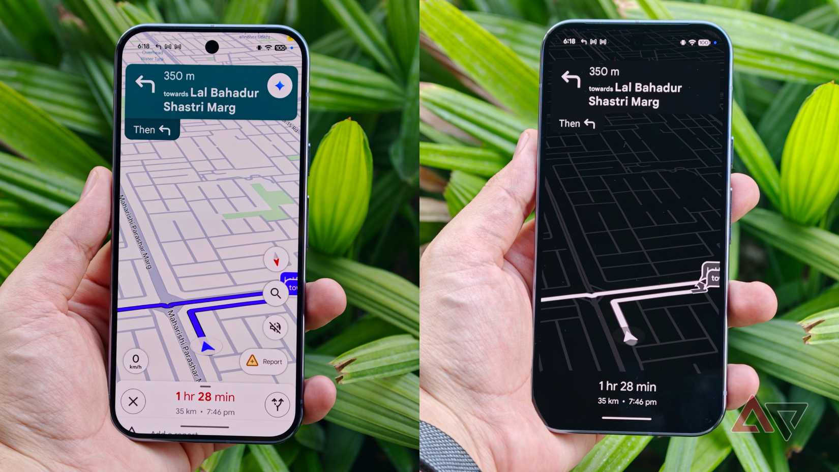 Comparação da visualização tradicional e modo de economia de energia no Google Maps