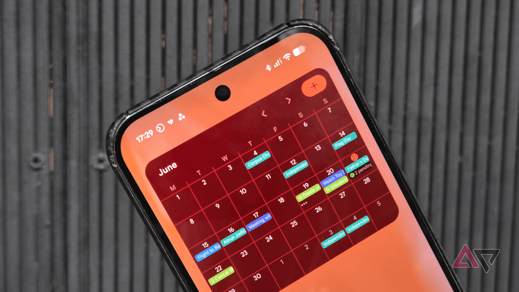 Google Pixel 9 Pro XL with a Calendar widget on the home screen showing month of June