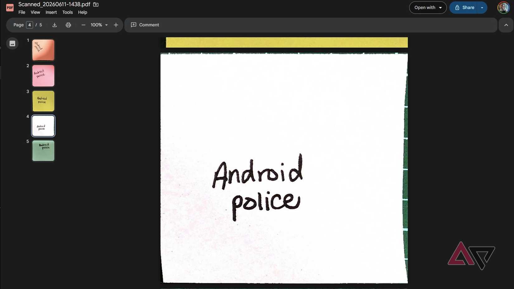 Uma grande imagem branca de um post-it digitalizado onde se lê Android Police