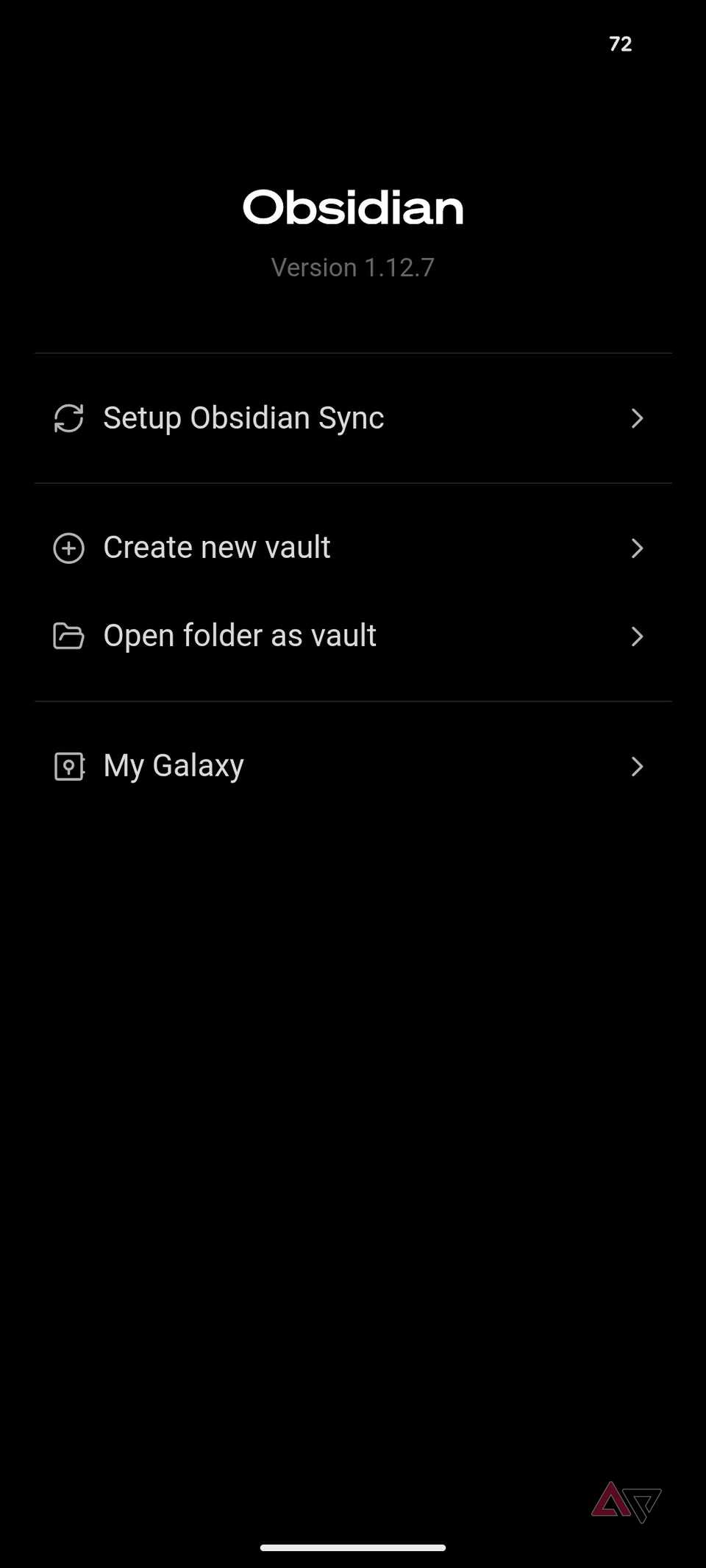 A screenshot showing Obsidian setup on Android
