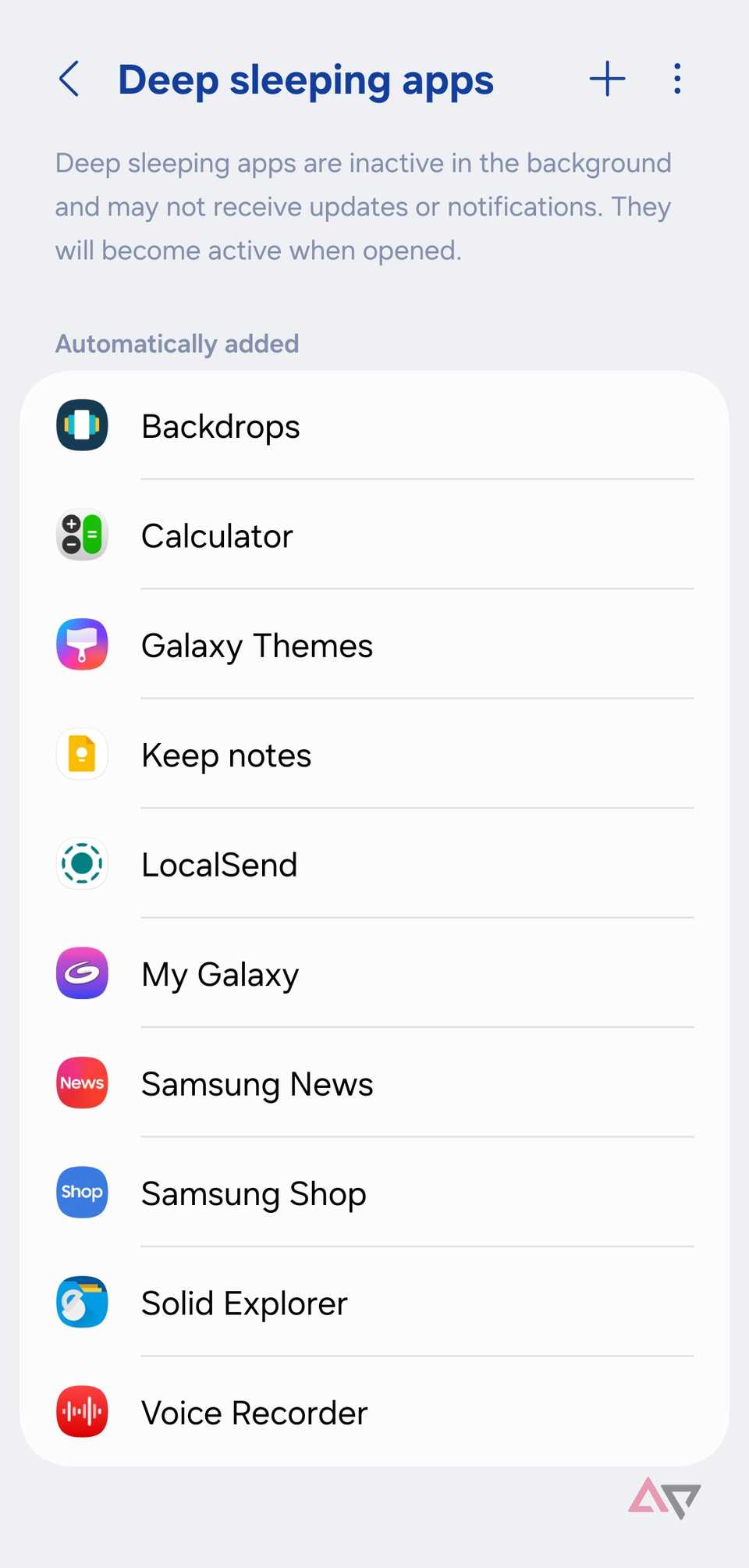 Uno screenshot che mostra le app in modalità deep sleep su Samsung