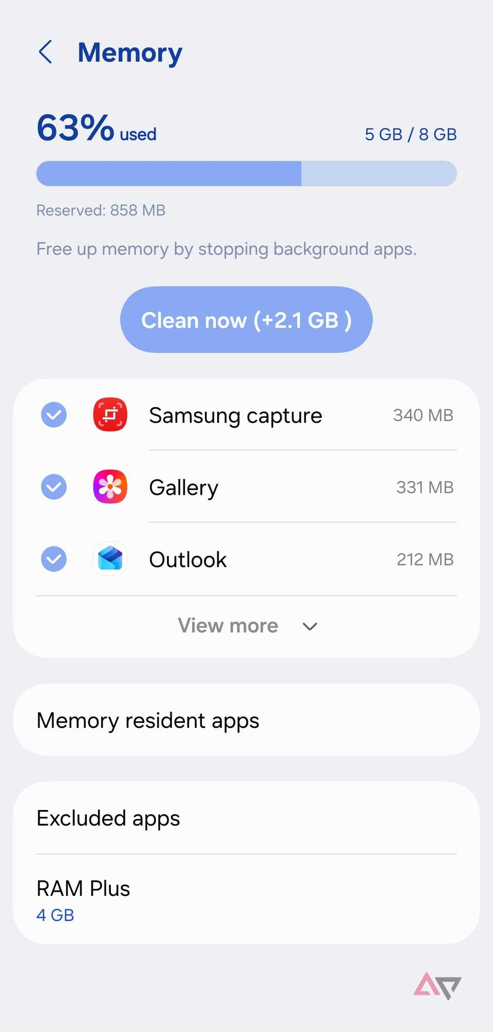 Uno screenshot che mostra il menu della memoria