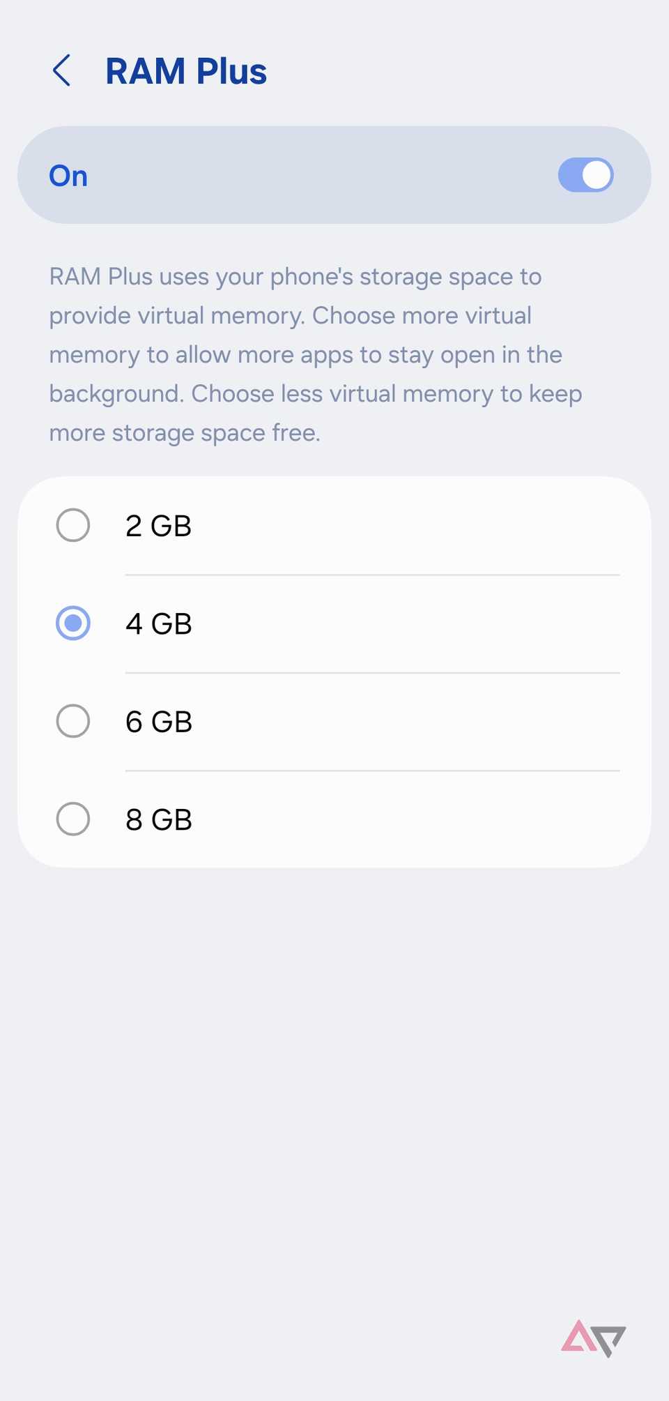Uno screenshot che mostra il menu RAM plus