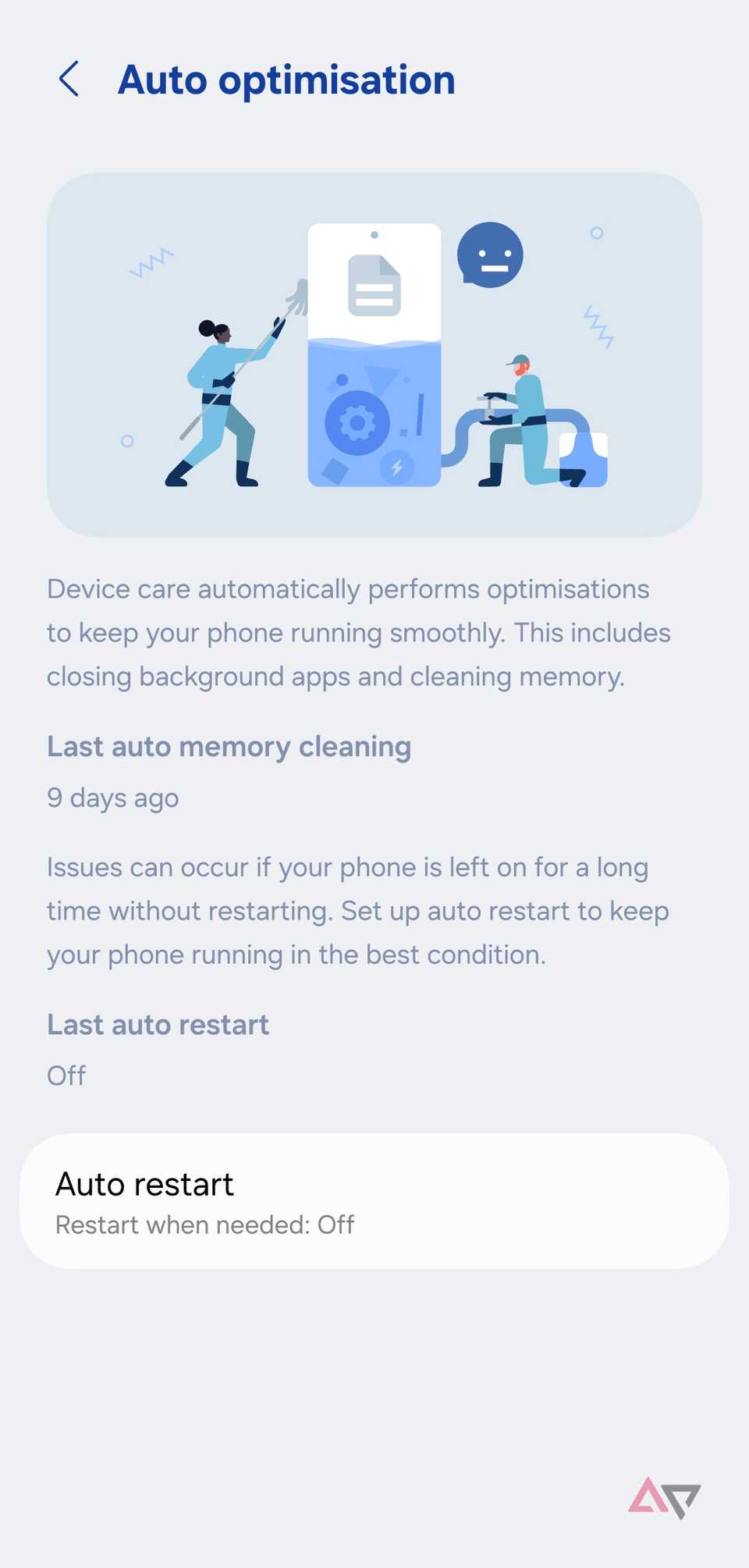 Uno screenshot che mostra l'ottimizzazione automatica su Samsung