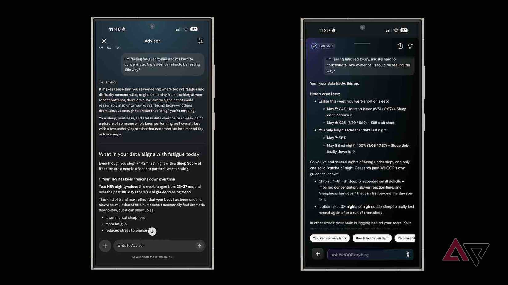 Screenshots taken from the Oura Ring and Whoop apps