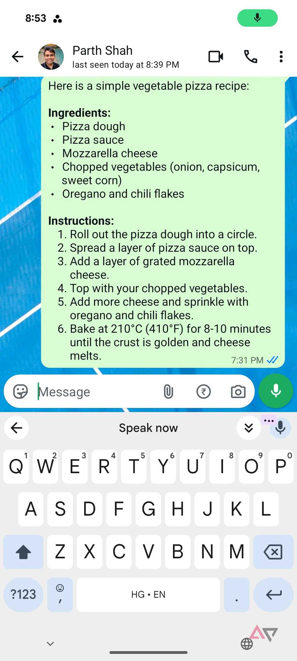 A screenshot showing Gboard in WhatsApp