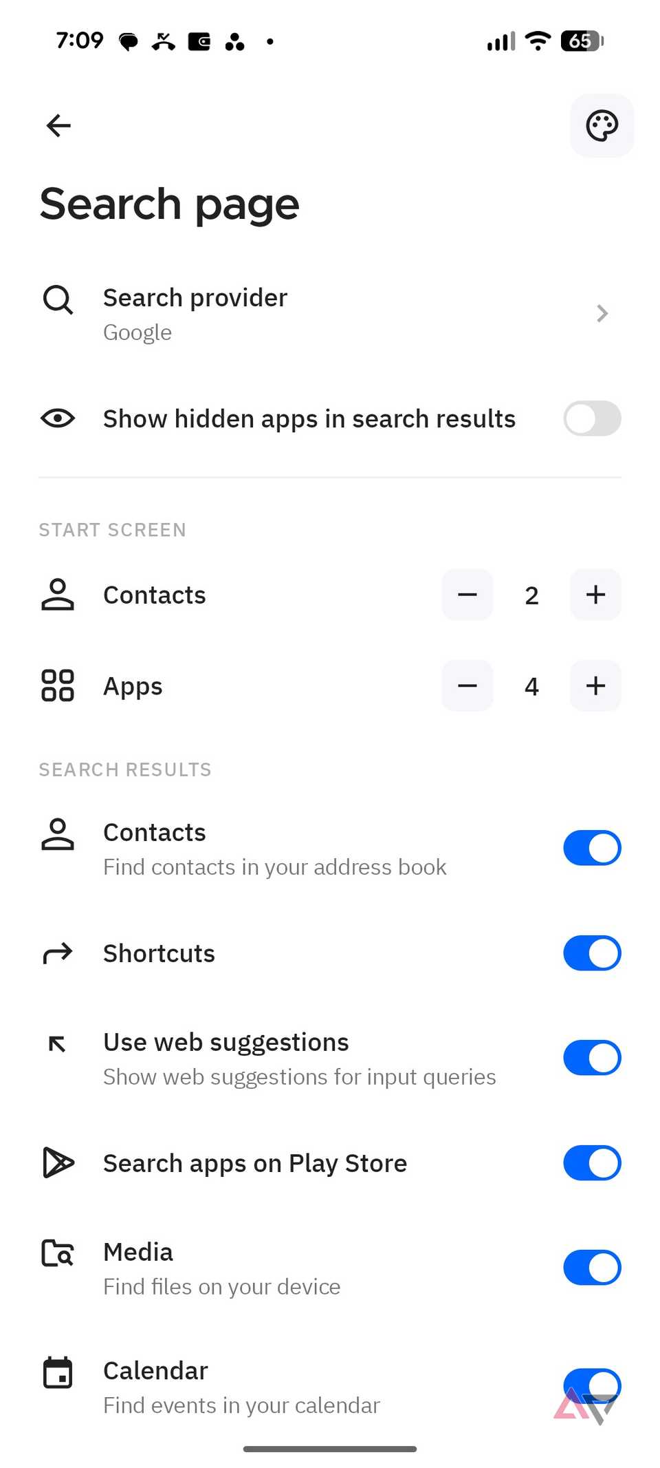 Uno screenshot che mostra le impostazioni di ricerca