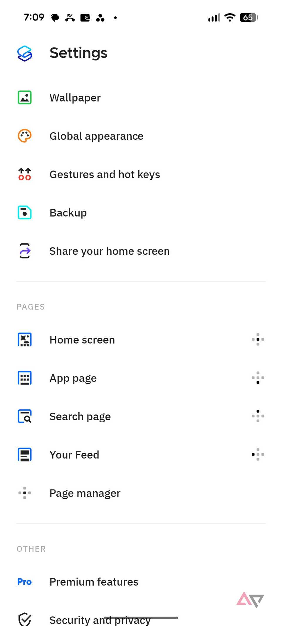 Uno screenshot che mostra il menu delle impostazioni in Smart Launcher