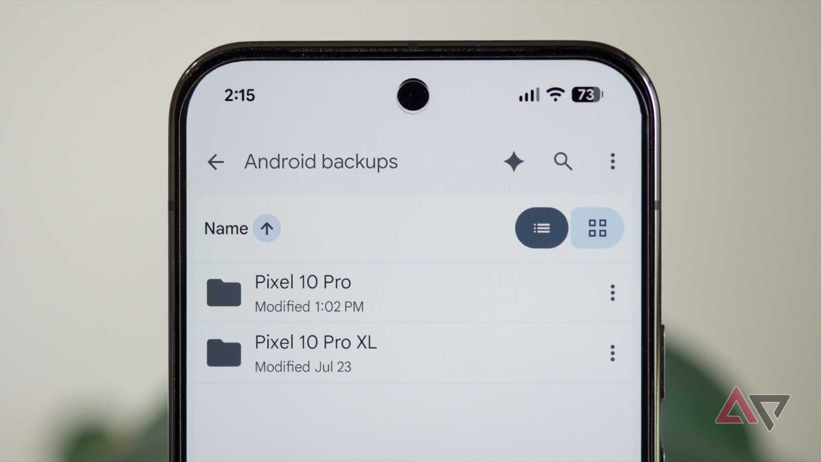 Android backups folder in Google Drive showing folders of backed up documents from different Pixels