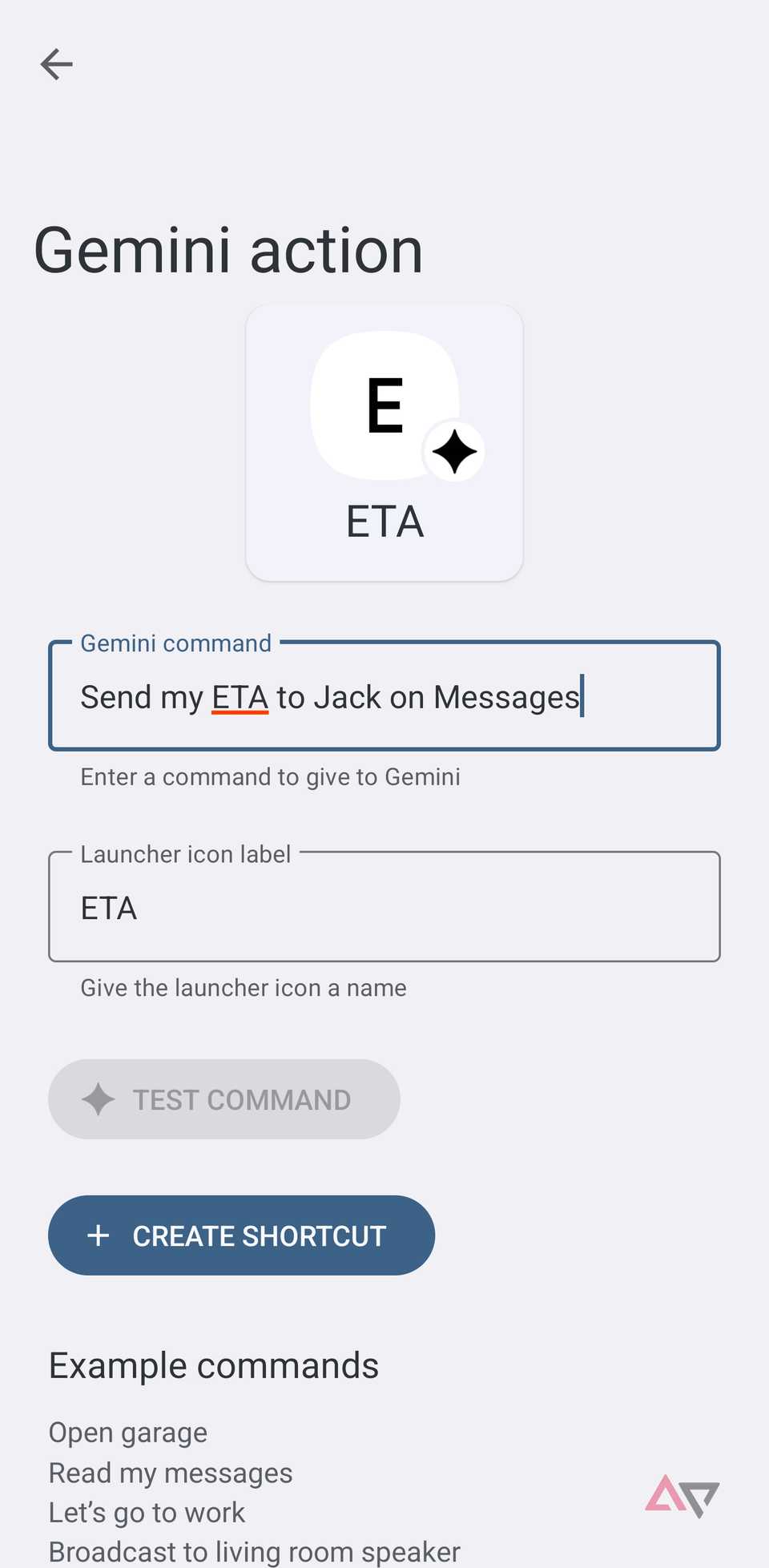 A screenshot showing setting up Gemini actions
