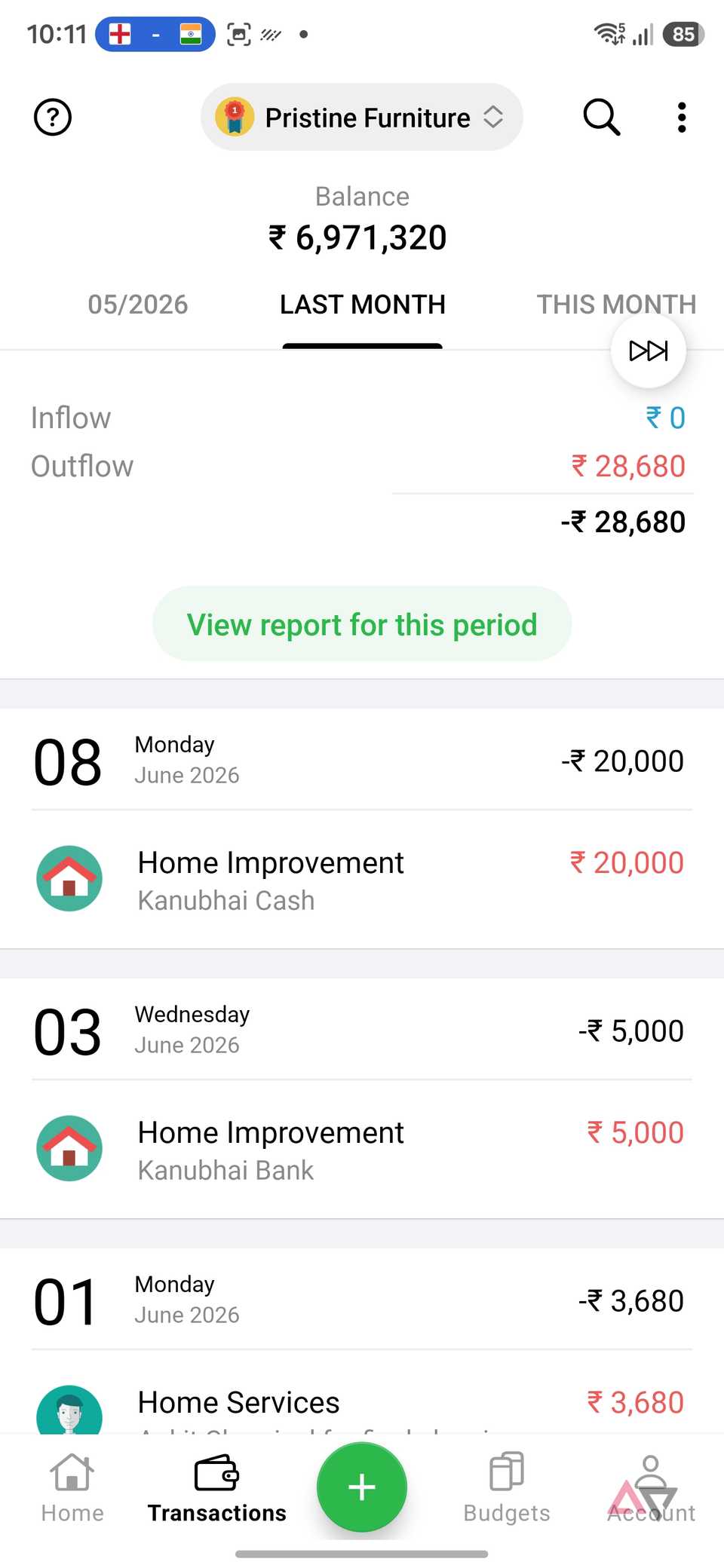 A screenshot showing transactions menu on Money Lover