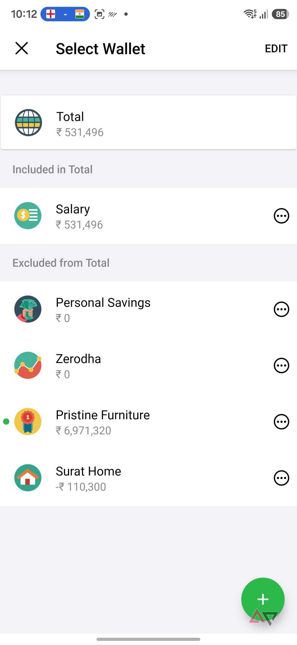 A screenshot showing wallets menu in Money Lover