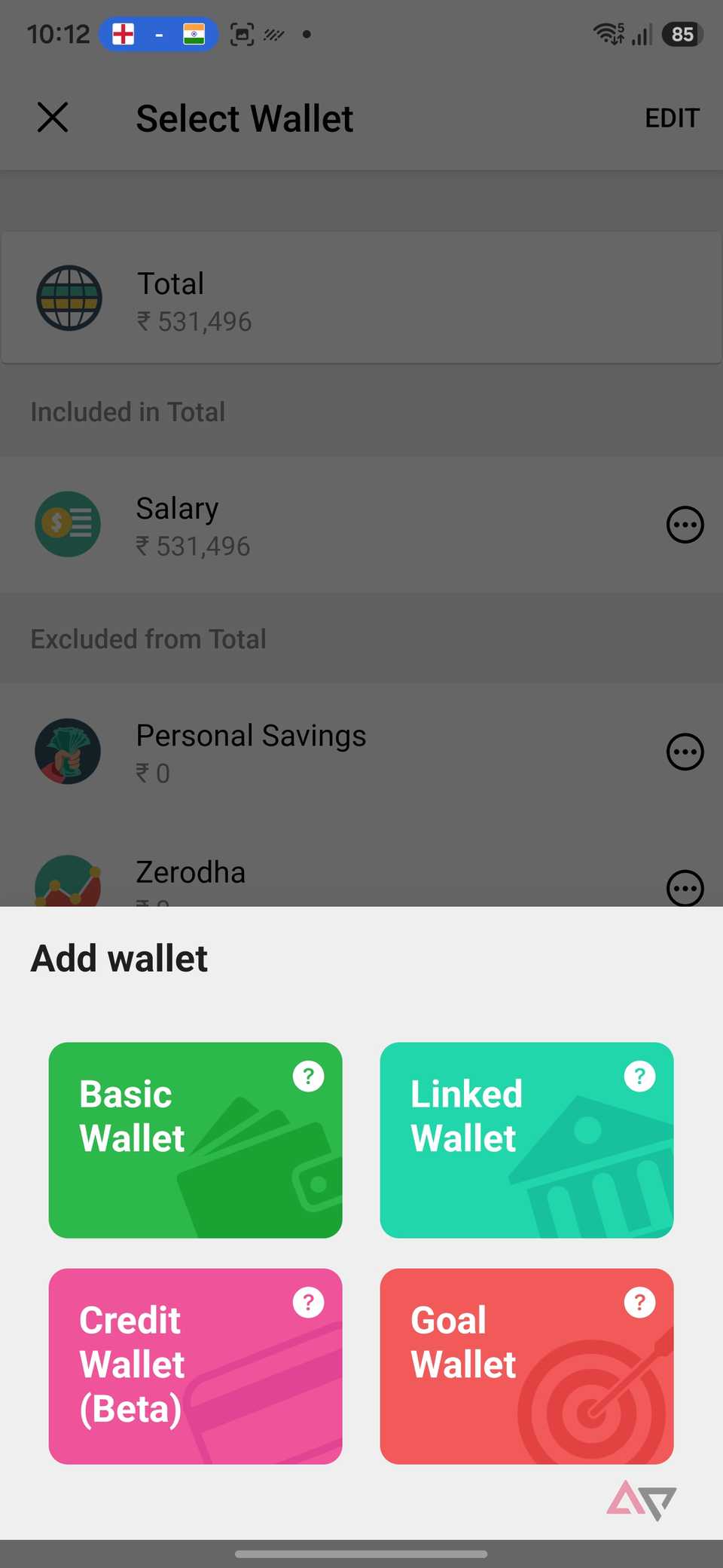A screenshot showing adding new wallet in Money Lover