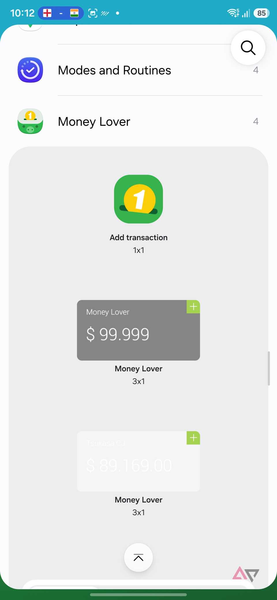A screenshot showing widgets menu on Android