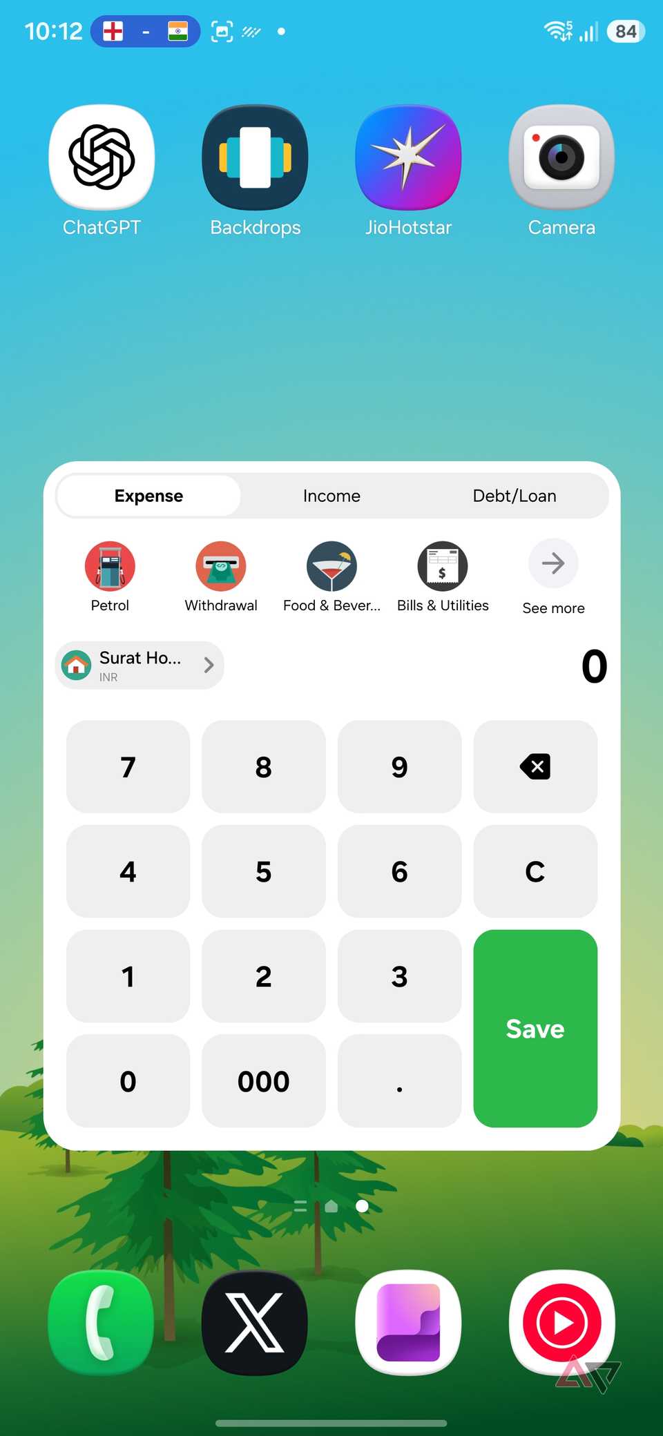 A screenshot showing Money lover widget on Home