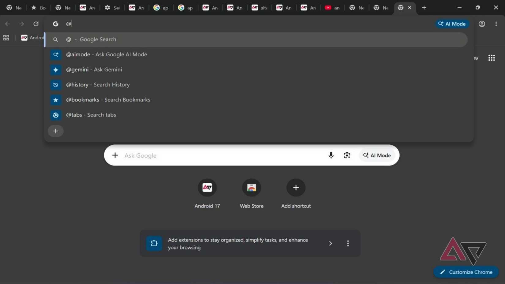 Screenshot showing the @shortcut feature in Chrome
