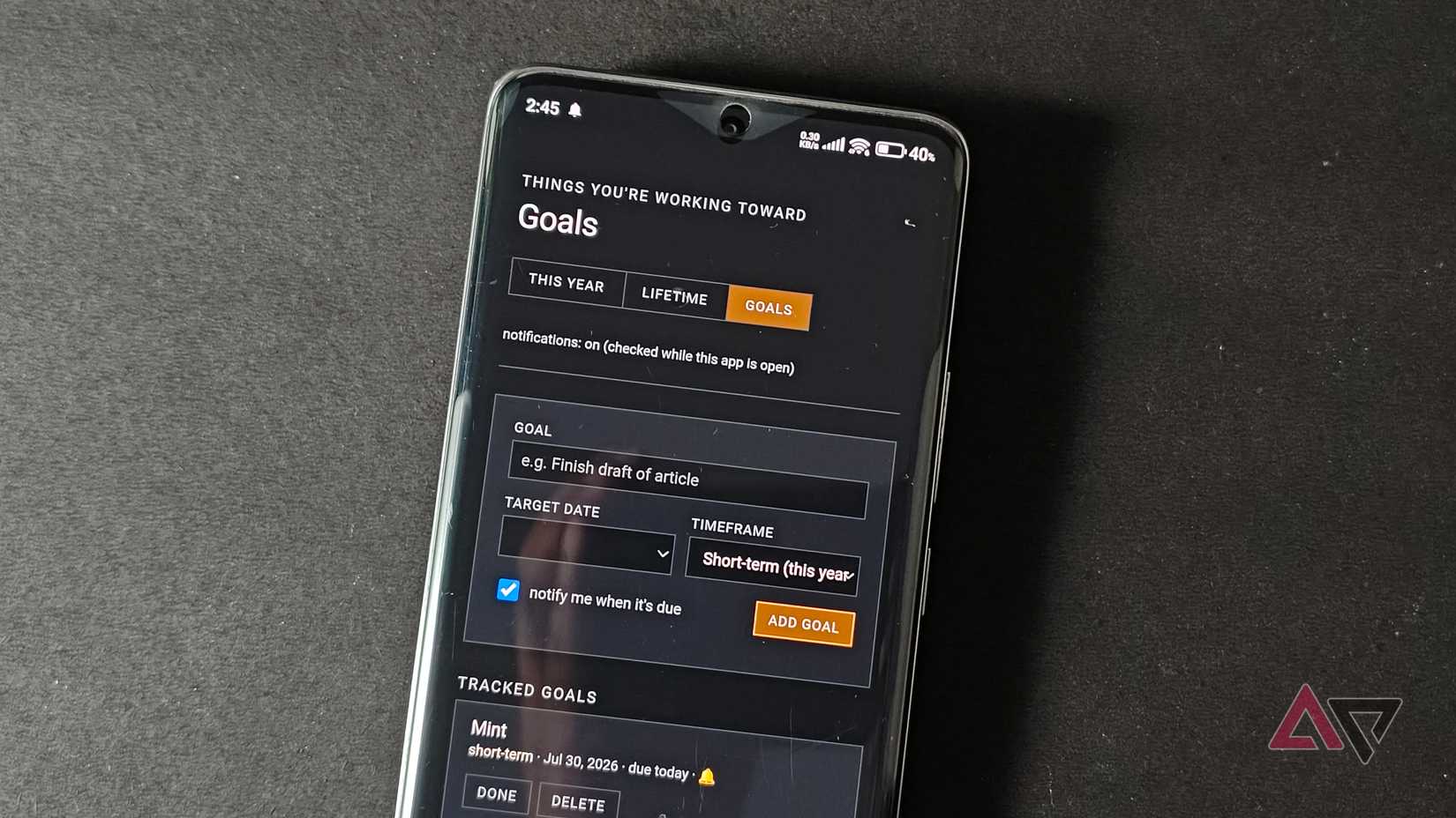 Digital Life Calendar showing the Goals tab.