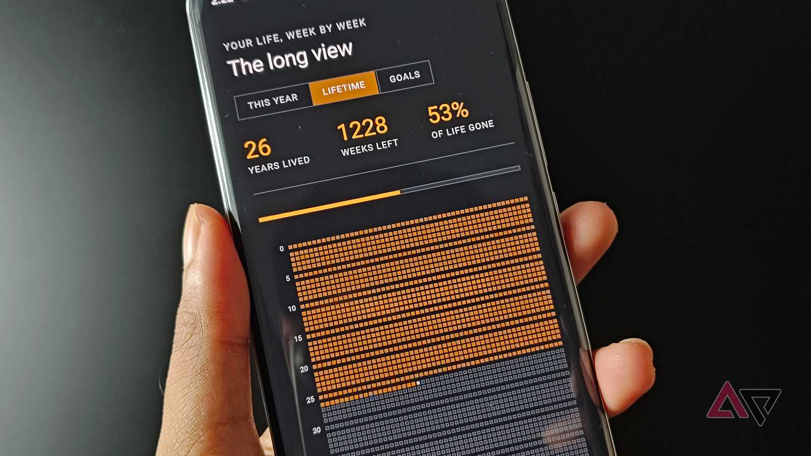 Digital Life Calendar showing the Lifetime view with stats.