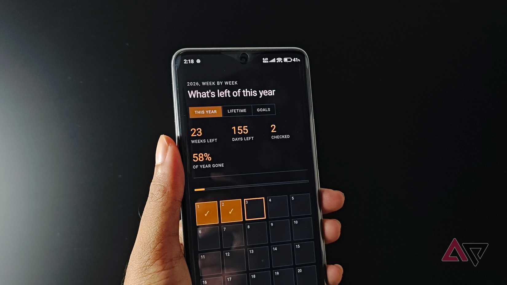 Digital Life Calendar showing the This Year view and year progress stats.
