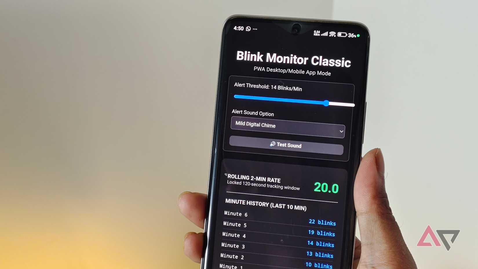 The Blink Monitor tool showing individual blink rates for the last ten minutes.