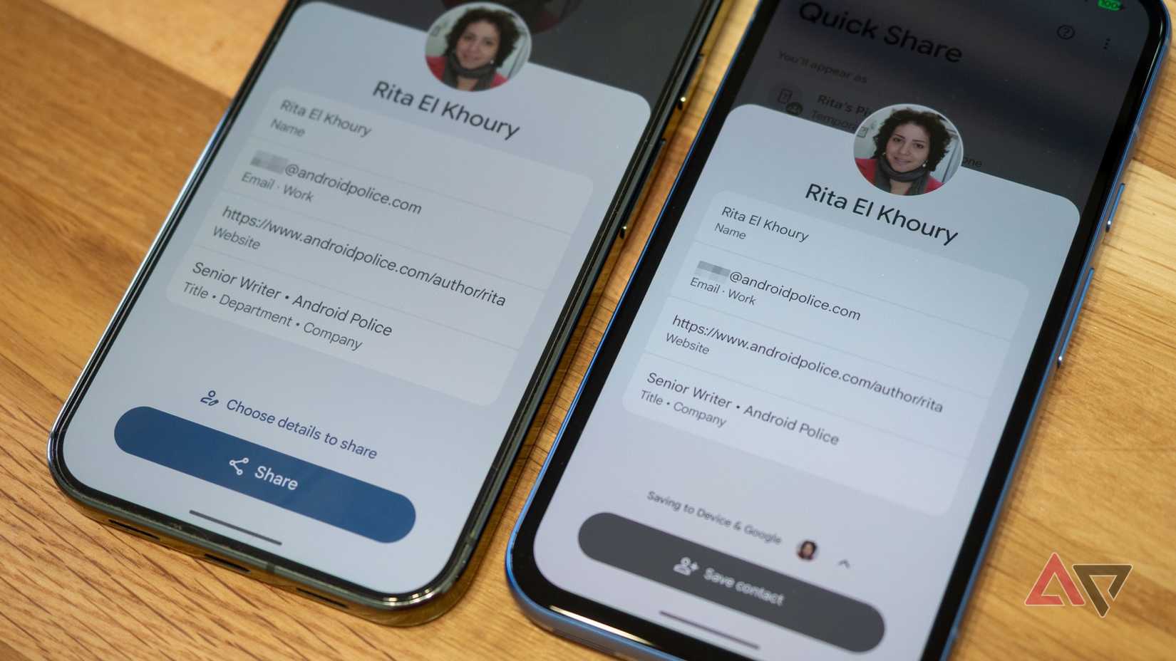 Two Pixel phones on a table showing how to share and receive a personal "Your info" card in Google Contacts