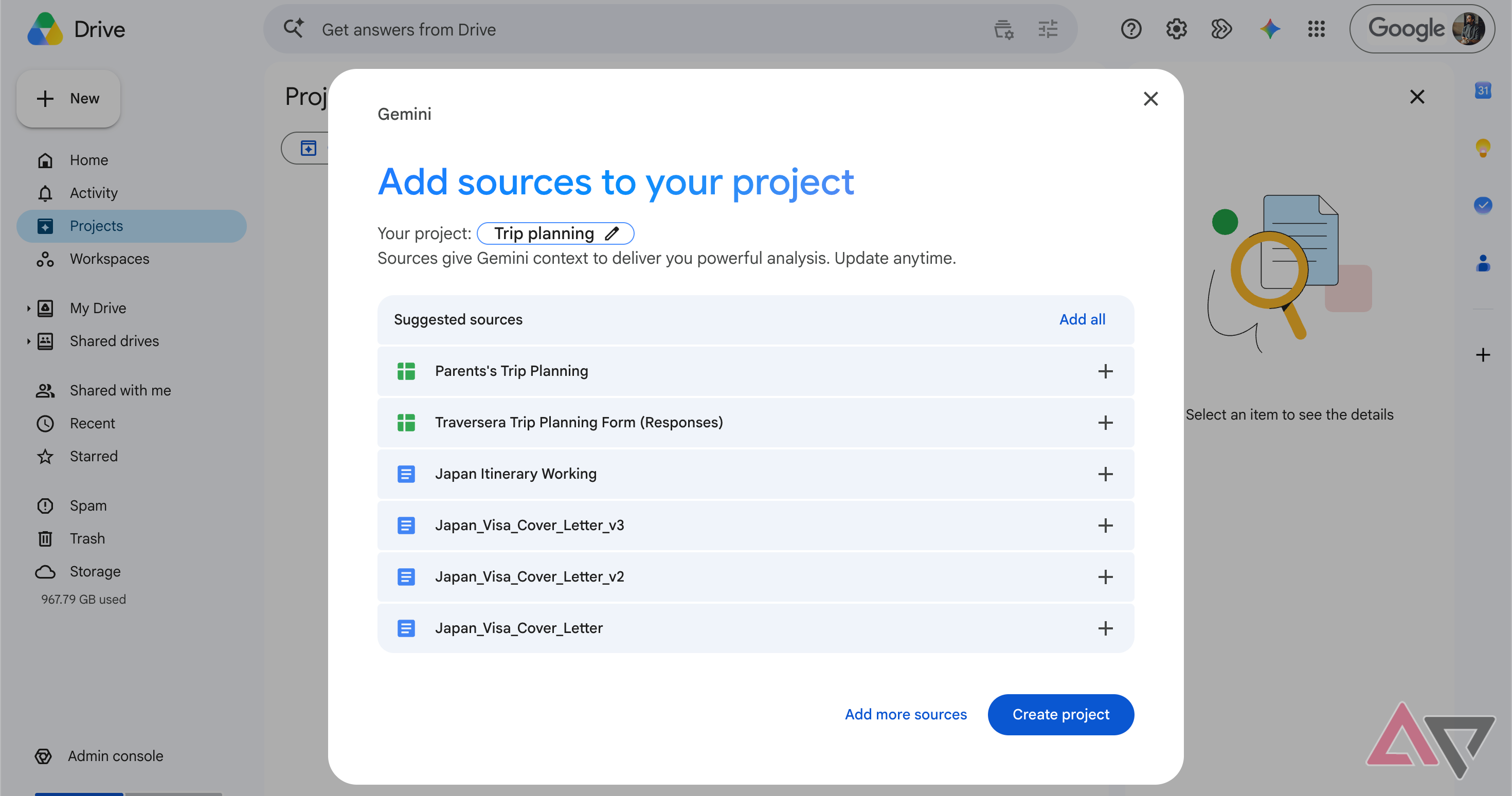 Google Drive Projects add sources to projects