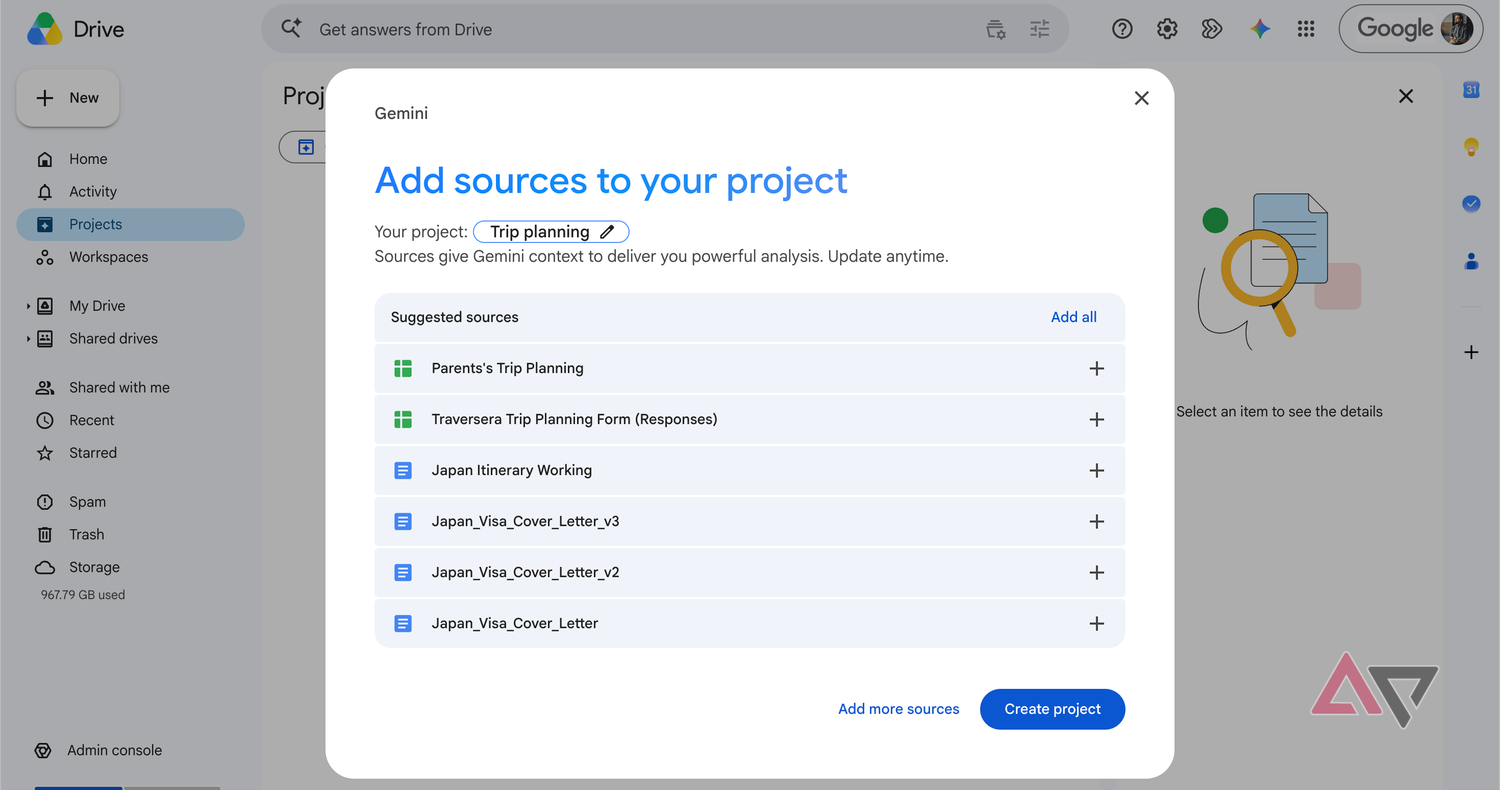Google Drive Projects add sources to projects