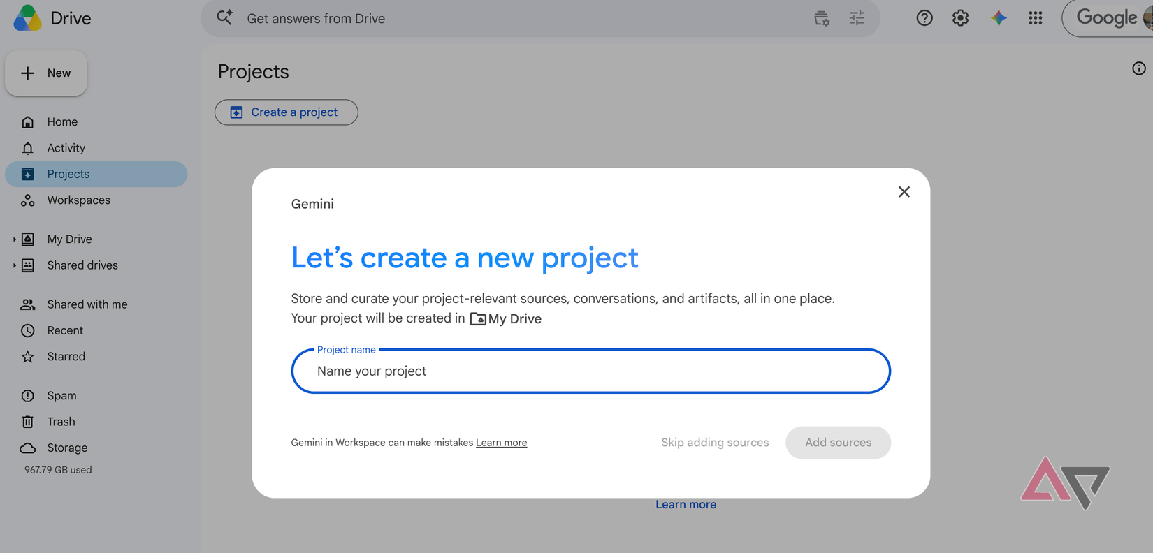 Google Drive Projects project creation screen